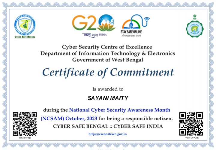Certificate from Cyber Security Centre of Exellence Deprtment of Information Technology & Electronics Government of West Bengal